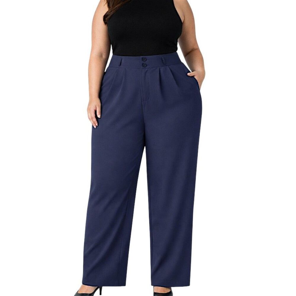 Halara Navy High Waist Zip Double Button Pleated Dress Pants Size XL PETITE